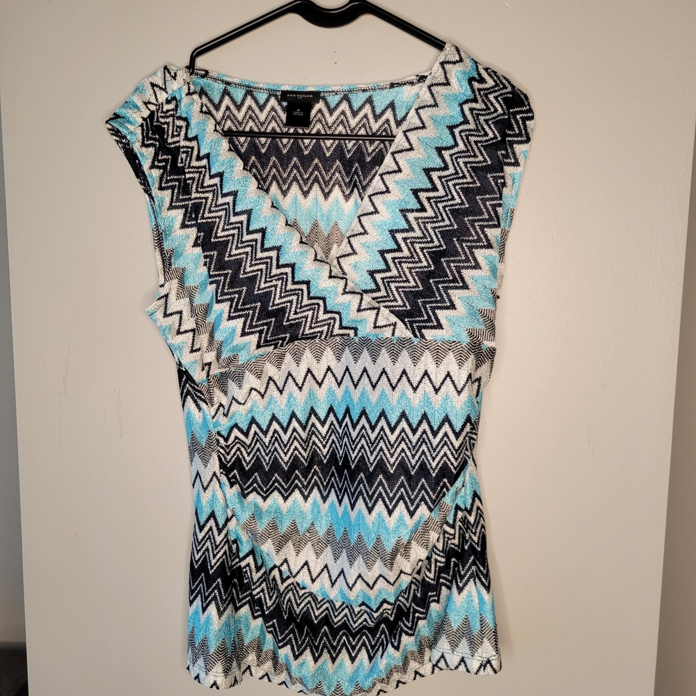Ann Taylor Open Front Cardigan Blue Chevron Knit Sweater Women’s M Boho